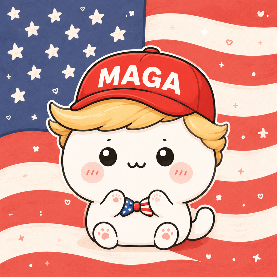 MagaKawa, a small round blob mascot wearing a red MAGA cap and a stars-and-stripes bow tie